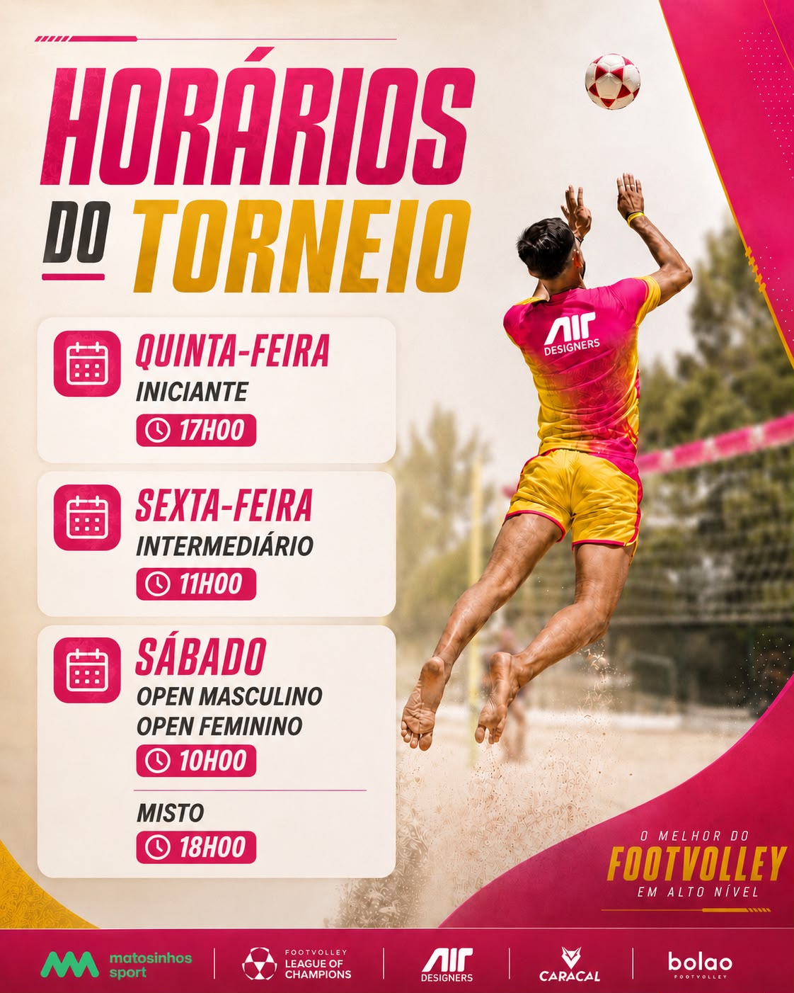 Horários do torneio: quinta-feira iniciantes às 17h, sexta-feira intermédio às 11h e sábado opens às 10h e misto às 18h