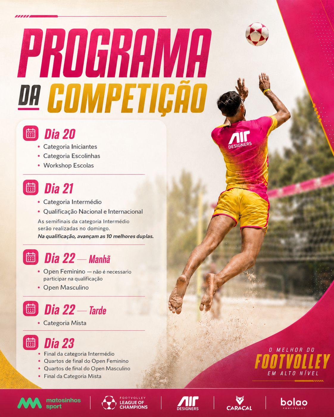 Programa da competição de futevólei entre os dias 20 e 23 de agosto